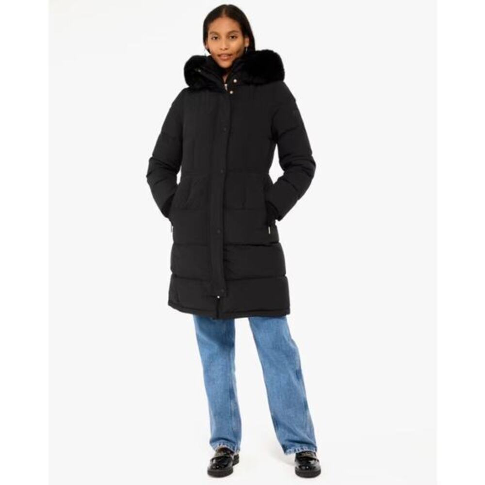 NWT Kate Spade Down Parka Black Sherpa Fox Trim Hood Size L